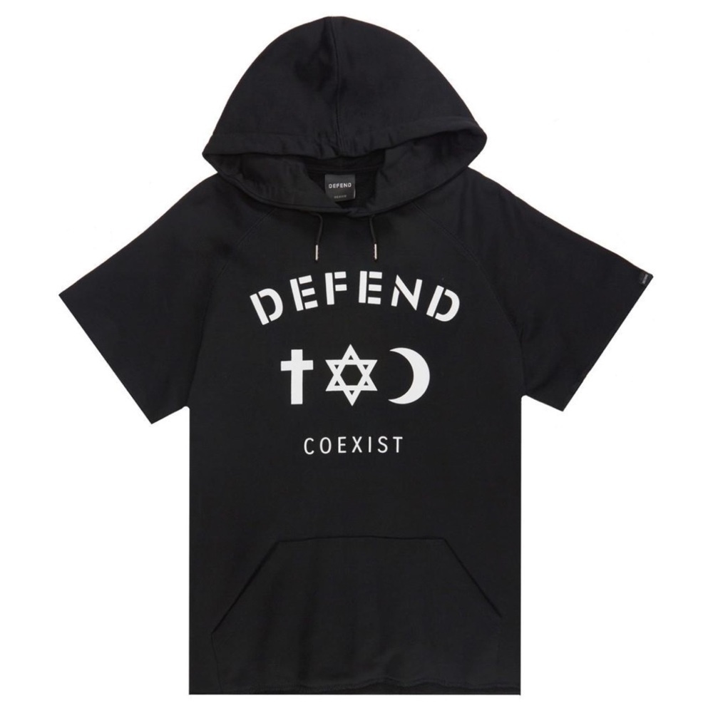 NEW NWT  DEFEND Co-Exist Cut-Off Black Hoodie Small